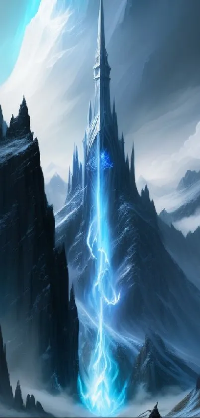 Towering spire with blue lightning in a fantasy mountain setting.