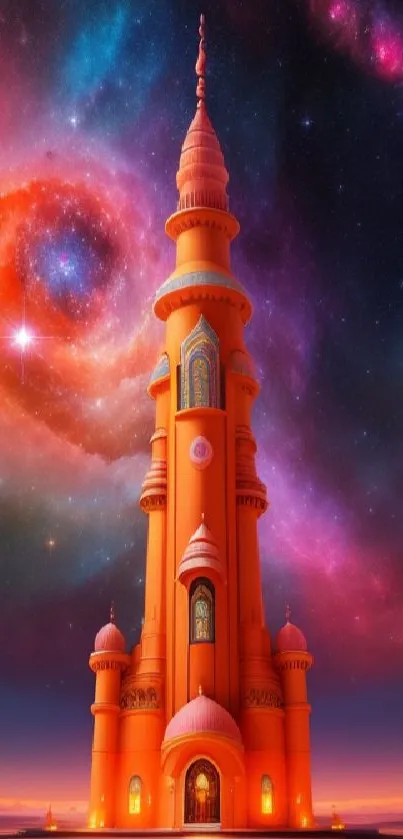 Orange fantasy tower under a starry cosmic sky.