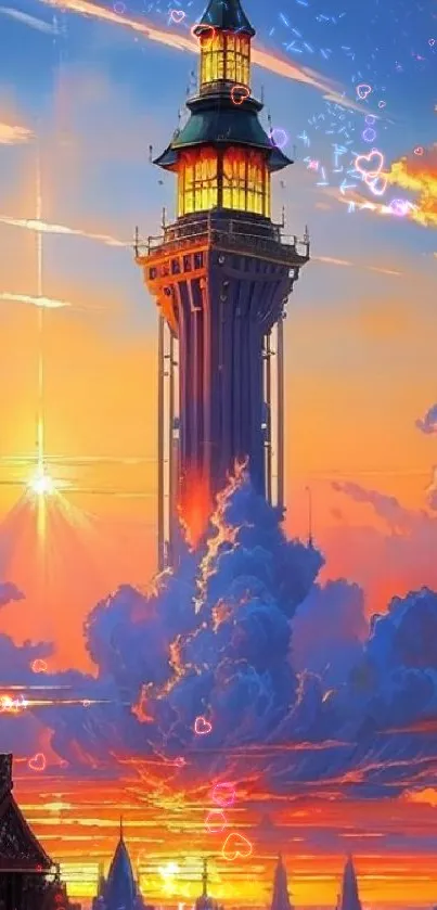 Fantasy tower with sunset sky and vibrant clouds wallpaper.