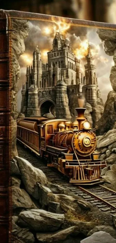 Fantasy train emerging from a castle wall art