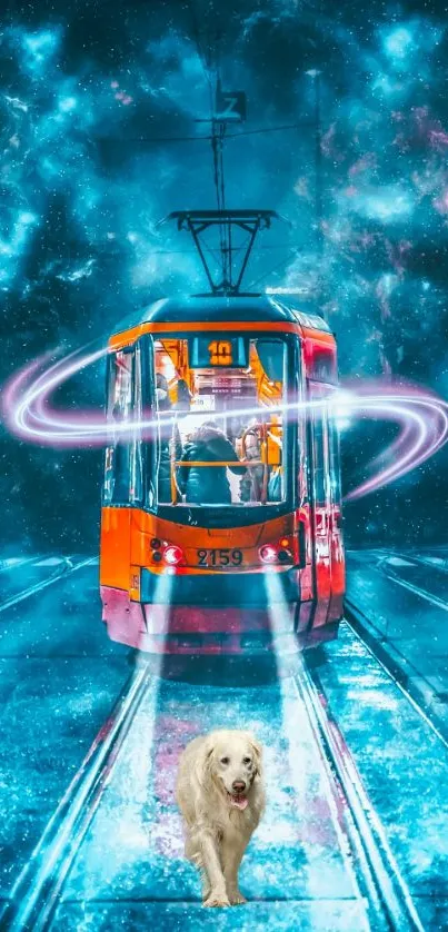 Orange tram and dog within a cosmic landscape.