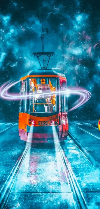 Fantasy tram in vibrant cosmic night scene with surreal glowing colors.