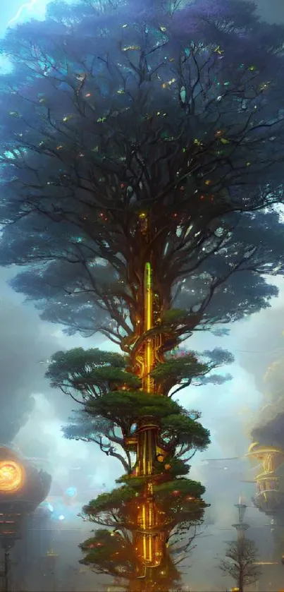 Fantasy tree cityscape with glowing structures and sky background.