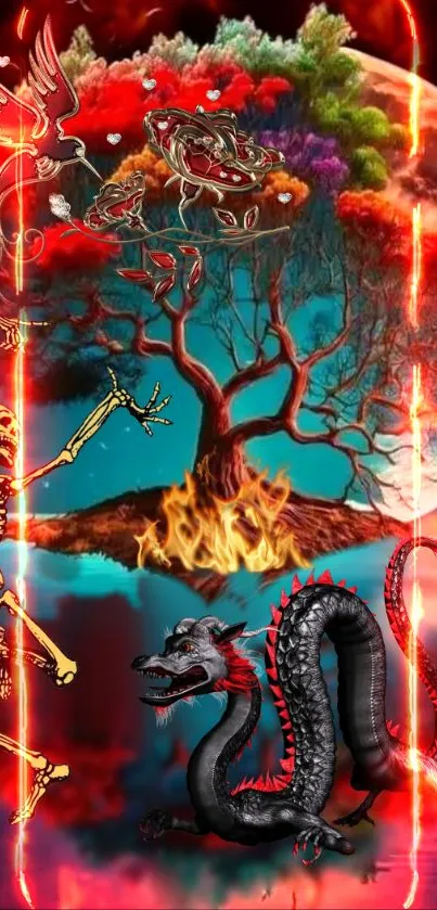 Fantasy artwork featuring a dragon, tree, and skeleton in a fiery composition.