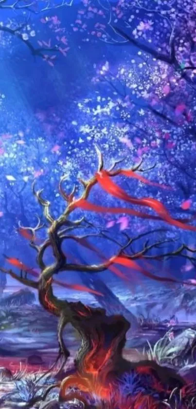 Fantasy tree with ribbons under starlit sky, in a mystical forest setting.