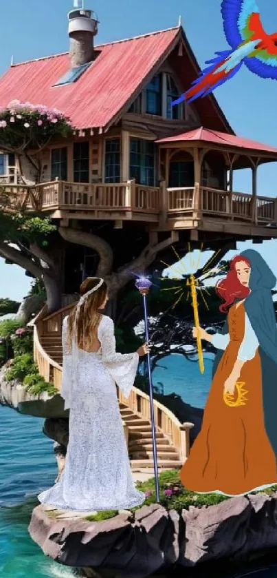 Fantasy island house with two mystical figures on a tree and a colorful parrot flying.