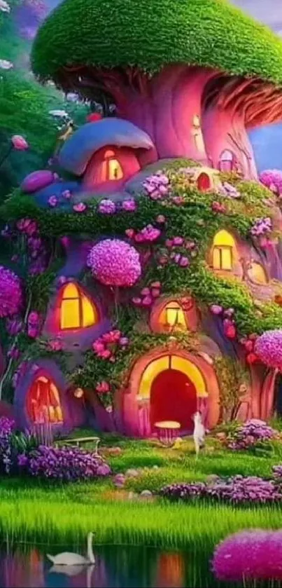 A vibrant fantasy treehouse with pink flowers and lush greenery.