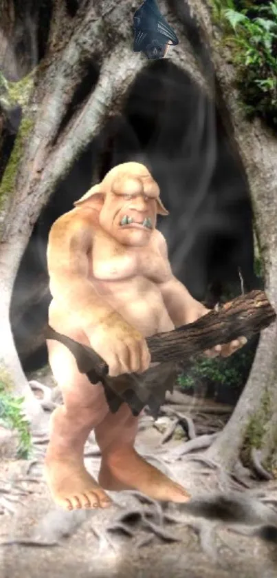 A fantasy troll stands in an enchanted forest.