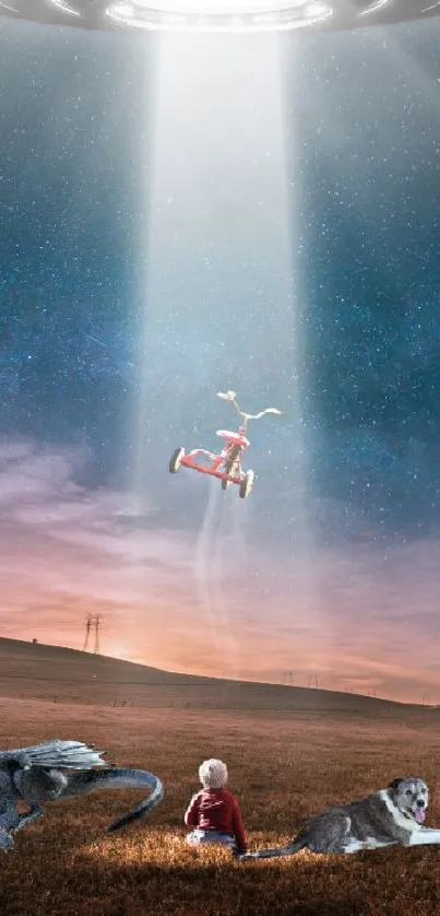 Fantasy scene with UFO beam abducting a bike under a starlit sky.