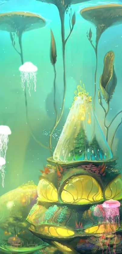 Fantasy underwater world with jellyfish and glowing structures.