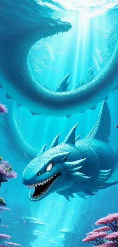 Fantasy blue dragon swimming underwater in vibrant scene.