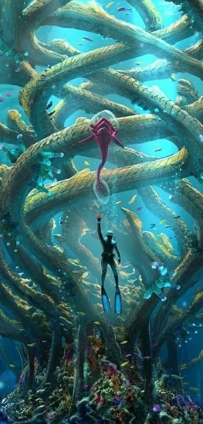 Diver reaching up in a fantastical underwater world with vibrant colors and mystical creatures.