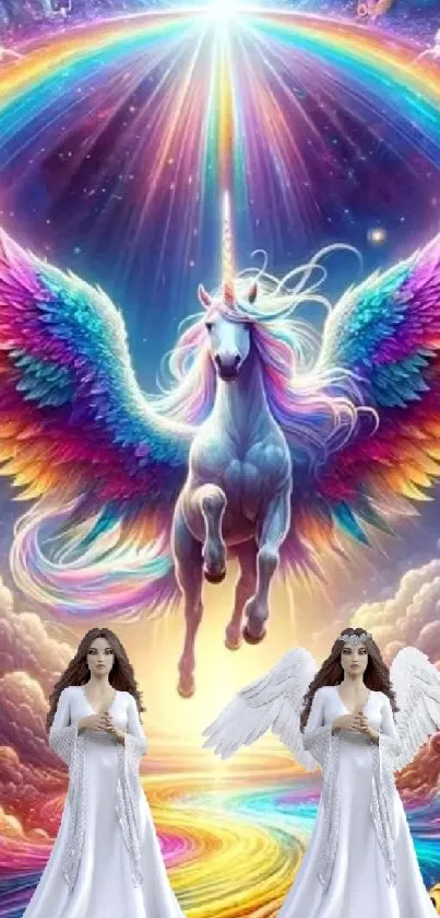 Vibrant unicorn with rainbow wings and angels