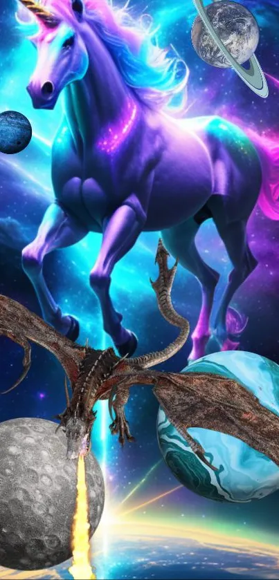 Vibrant fantasy wallpaper featuring a unicorn and dragon in space.