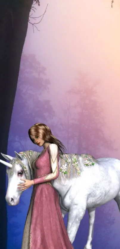 A girl with a unicorn in a mystical, purple-hued fantasy forest.