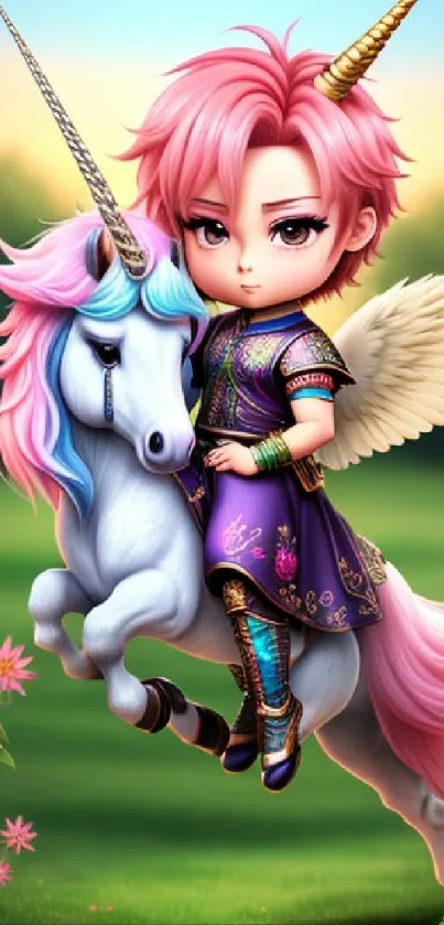 Fantasy mobile wallpaper featuring a pink-haired warrior with unicorn.