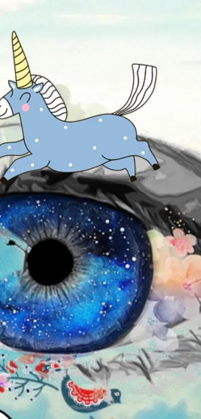 Fantasy wallpaper with a blue unicorn and galaxy-filled eye design.