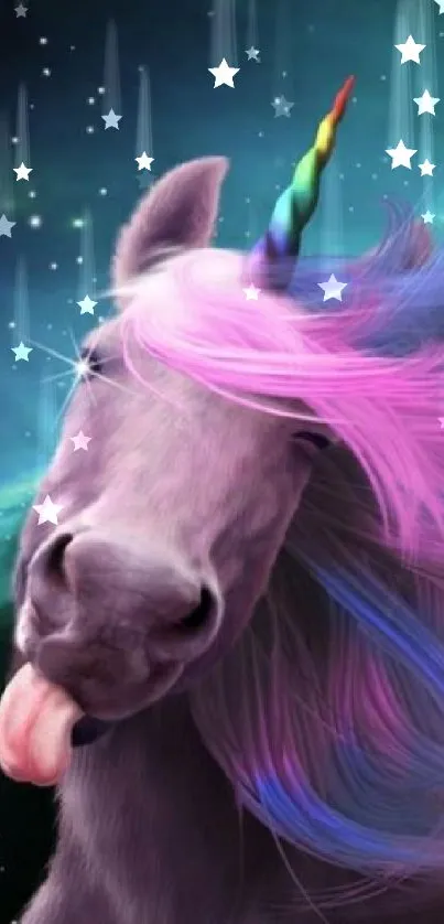 Vibrant unicorn in a colorful galaxy with cosmic hues and starry backdrop.