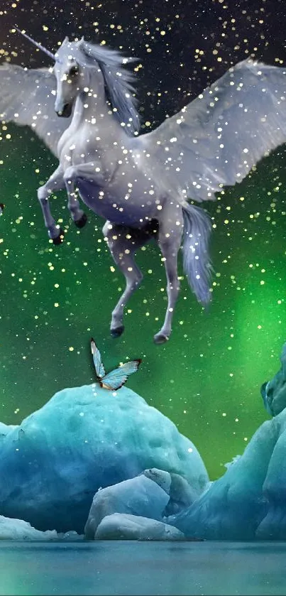 Flying unicorn in a fantasy landscape with northern lights and colorful wildlife.