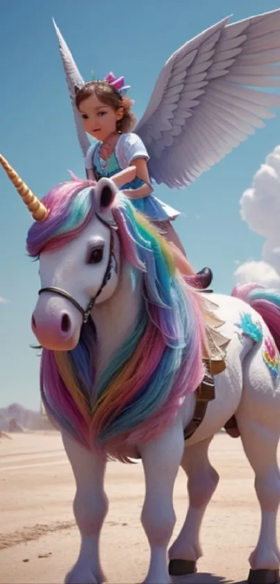 Girl riding a winged unicorn with rainbow mane under a blue sky.