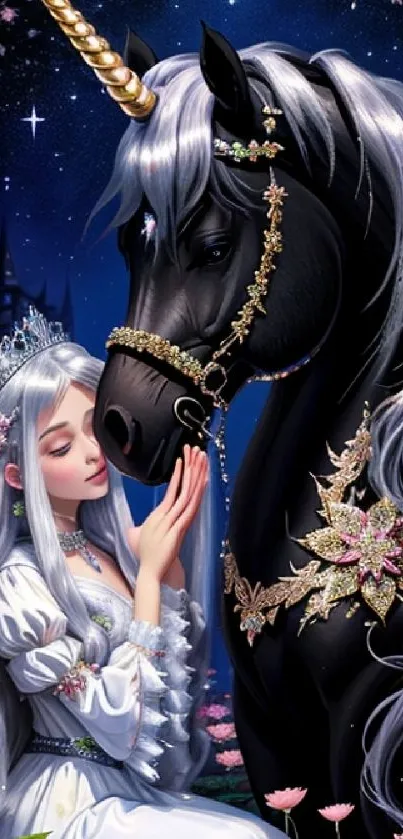 A mystical unicorn with a maiden in a starlit night setting, adorned with flowers.