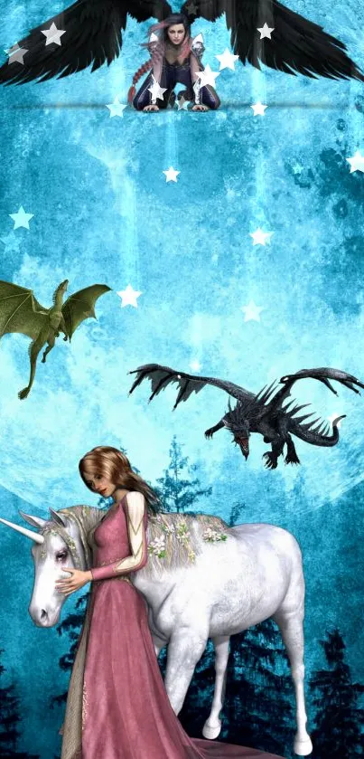 Fantasy wallpaper with unicorn and dragons under a blue moonlit sky.