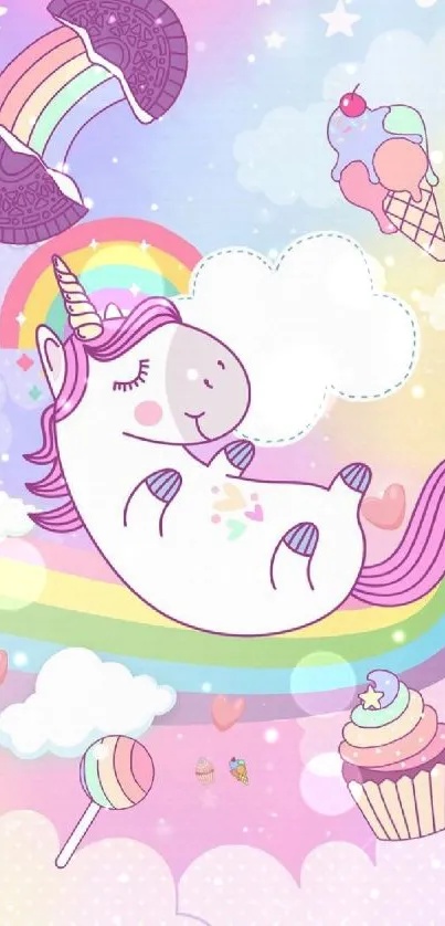 Whimsical unicorn with pastels, rainbows, and clouds on a phone wallpaper.