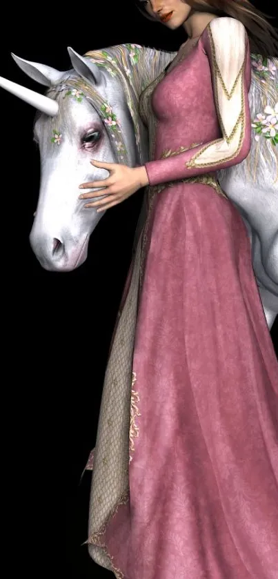 Princess in pink dress with a unicorn, fantasy mobile wallpaper.