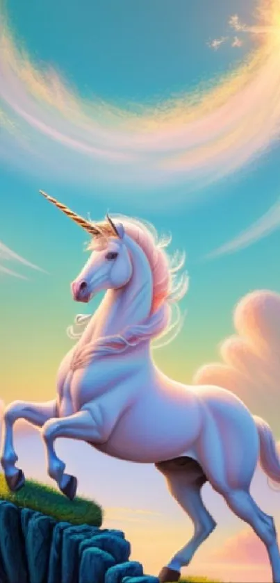 Majestic unicorn on cliff under a dreamy sky.