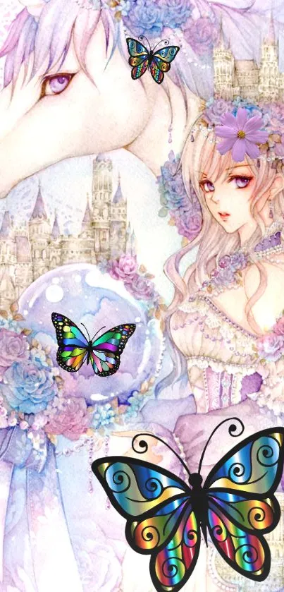 Fantasy unicorn and butterfly mobile wallpaper with pastel hues.