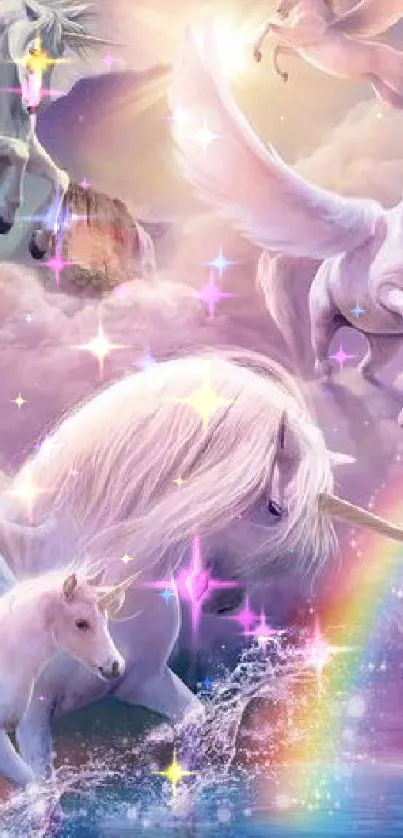 Magical unicorns and vibrant rainbow in a fantasy setting.