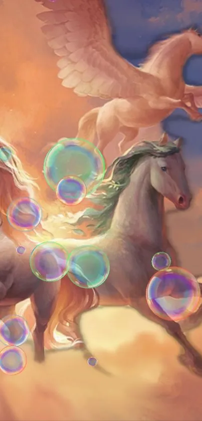 Fantasy unicorns and bubbles against a peach sky wallpaper.