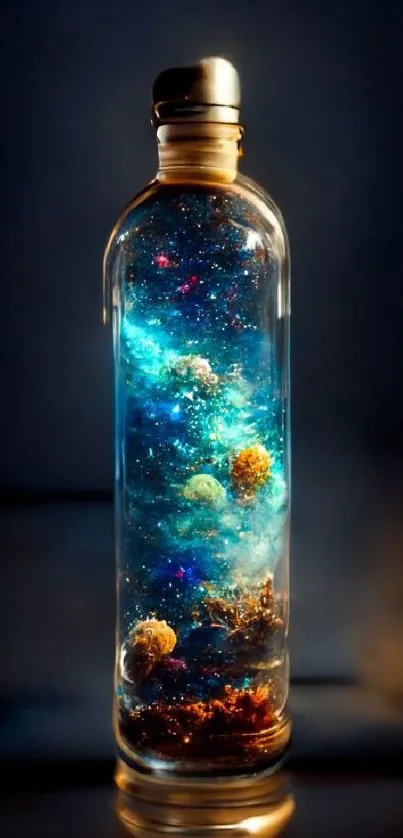 Delicate bottle containing a vibrant galaxy, perfect for fantasy wallpaper enthusiasts.