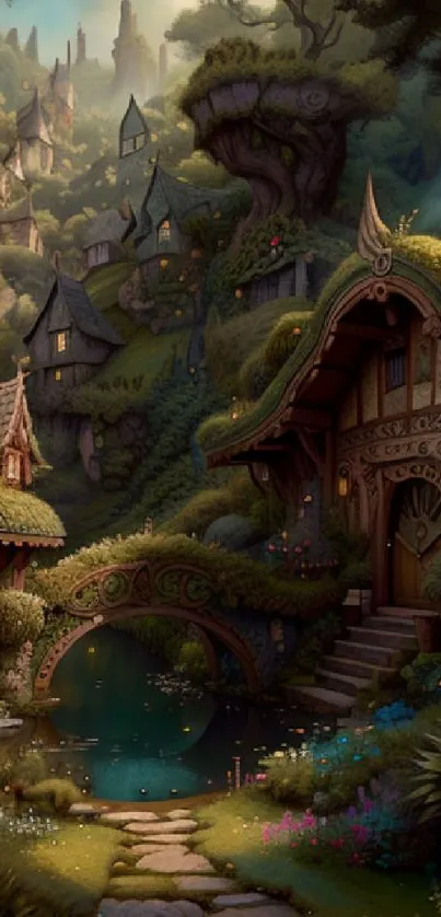 Fantasy village with cottages and a bridge surrounded by lush greenery.