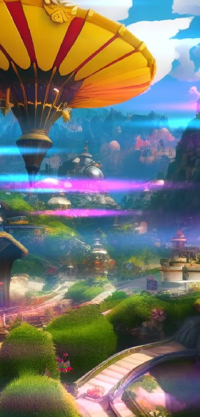 Fantasy village with a yellow balloon and lush greenery.