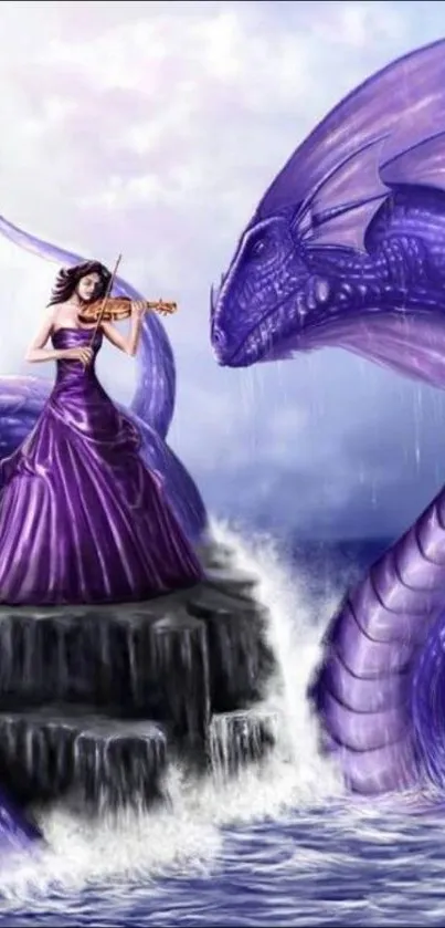 Fantasy scene with violinist and dragon over ocean backdrop.