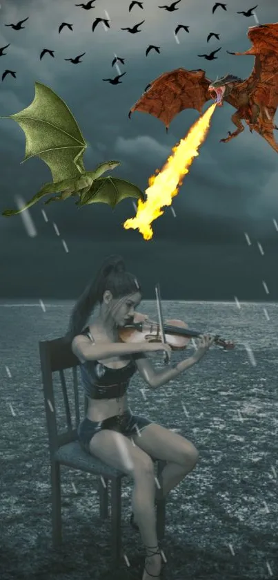 A fantasy scene with a violinist and dragons in a stormy backdrop.