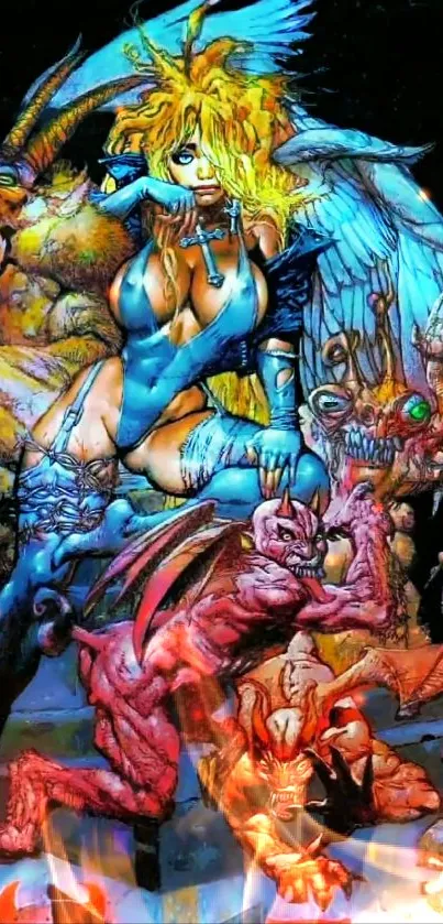 Fantasy artwork with warrior and demons in vivid colors.