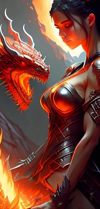 Fiery dragon and female warrior in fantasy art wallpaper.