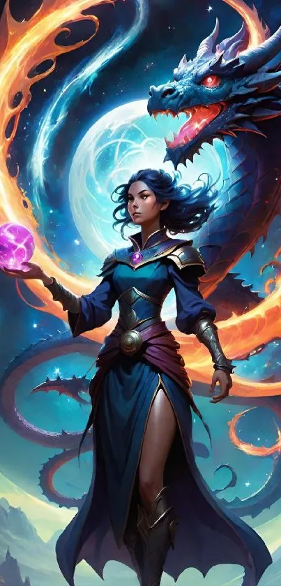 Fantasy warrior with dragon in space-themed artwork.