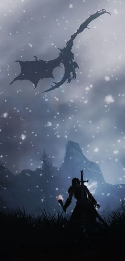 Dark silhouette of warrior and dragon in snowy night landscape.