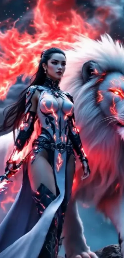 Fantasy warrior with fiery lion and sword