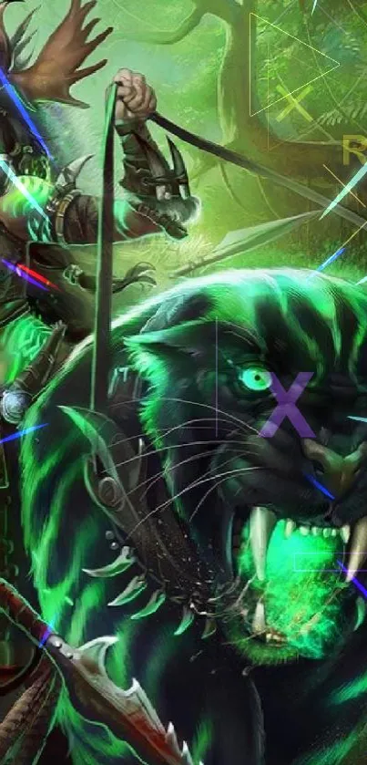 Fantasy warrior with panther and green glow, mystical forest art.