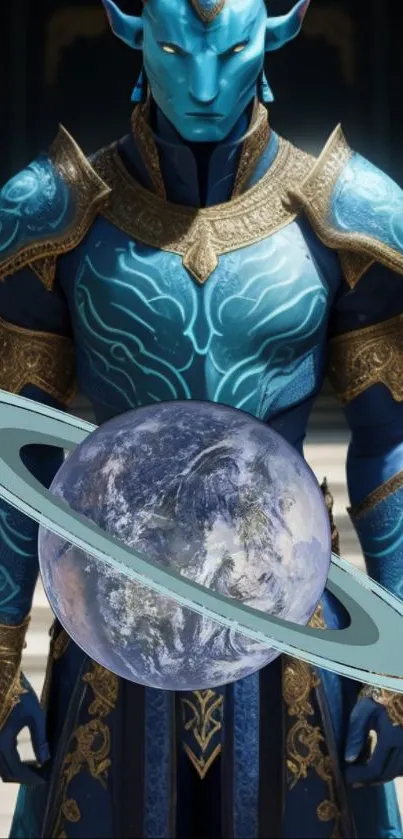 Fantasy warrior with planet in ornate blue armor.