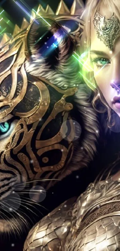 Fantasy warrior and tiger in golden armor, mystical art.