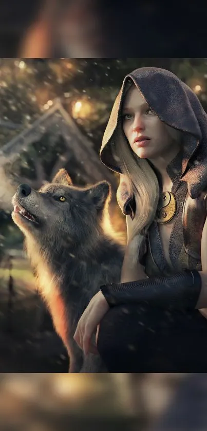 Hooded warrior and wolf in a mystical forest setting.