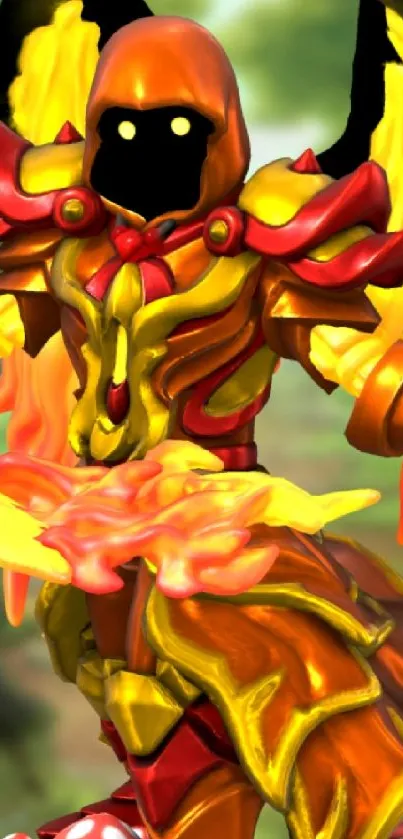 Fantasy angel in fiery armor with glowing sword, set in a magical forest.