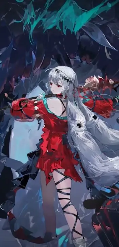 Fantasy anime warrior with red dress and mystical backdrop.