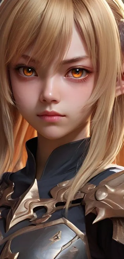 Anime fantasy warrior girl with horns and orange eyes.
