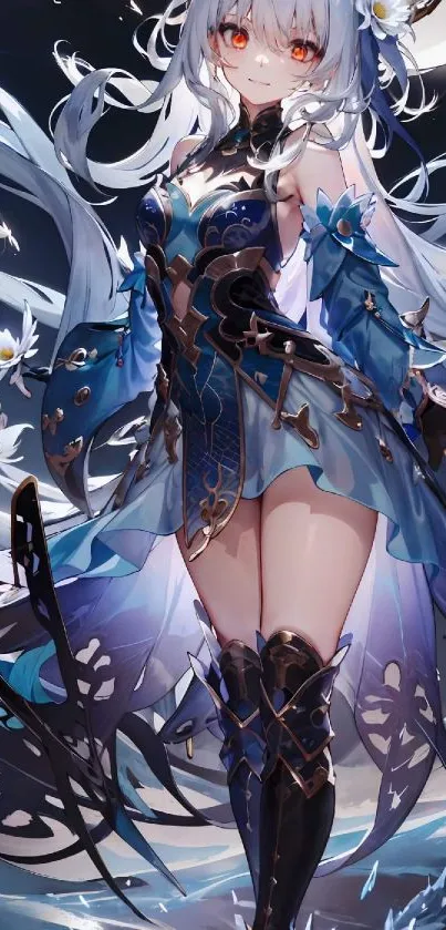 Anime warrior girl with silver hair in a blue outfit, holding a sword, fantasy art.